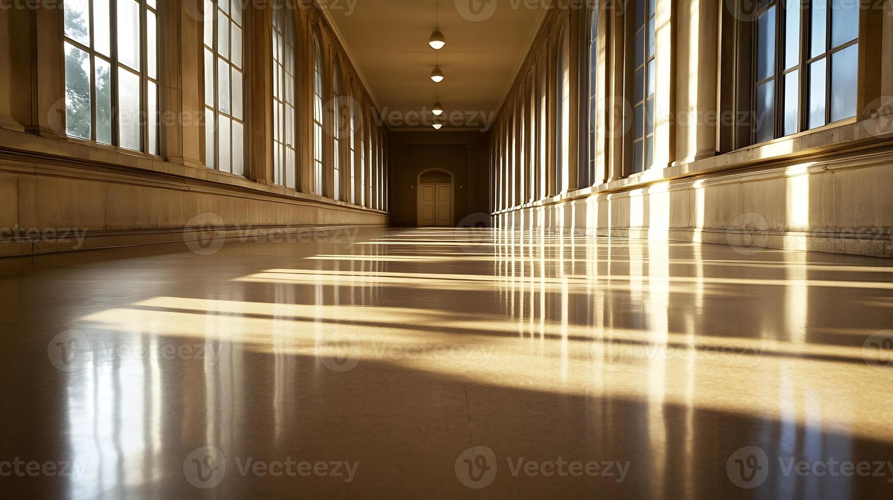 Sunlit Empty Corridor with Gleaming Wooden Floors Depicting Calm Tranquility photo
