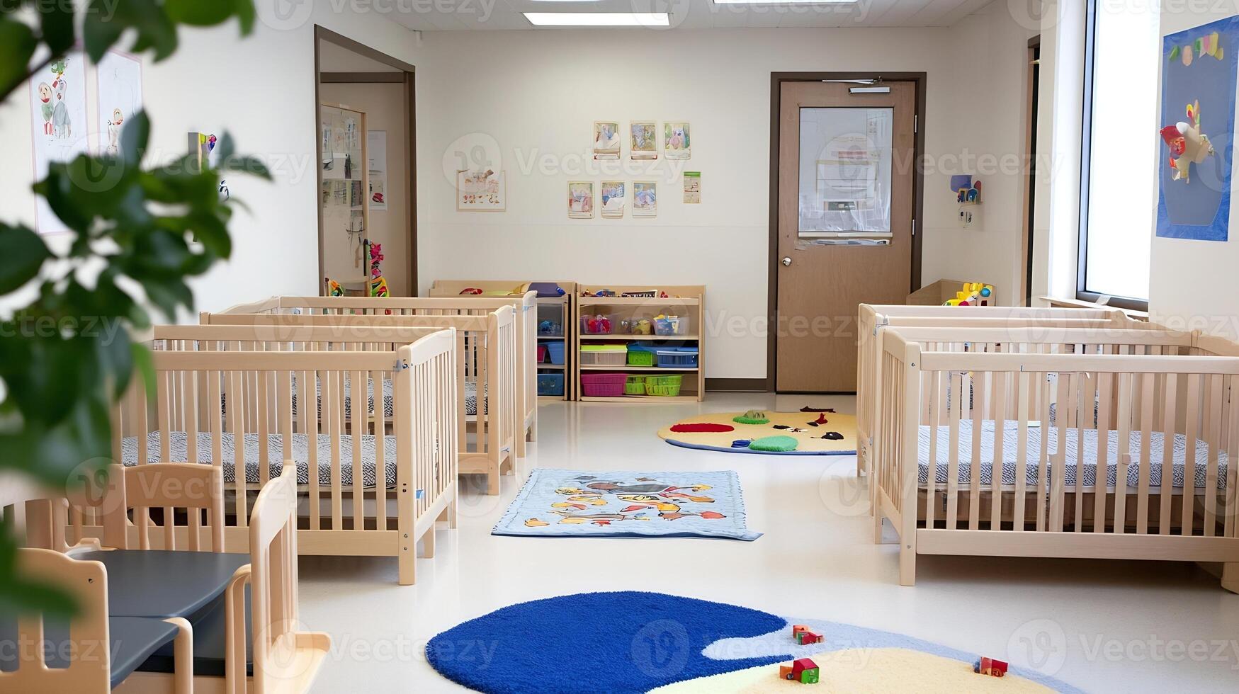 Organized Nursery with Multiple Cribs and Educational Play Area photo