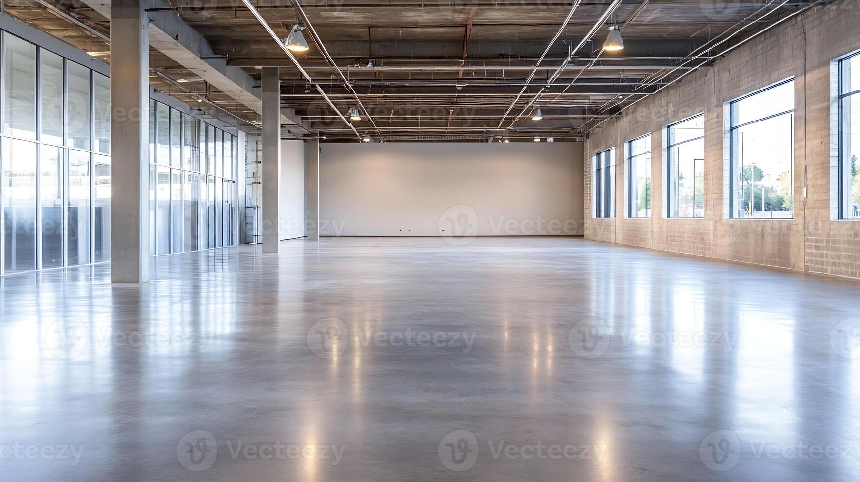 Spacious industrial warehouse interior with high ceilings and polished concrete flooring photo