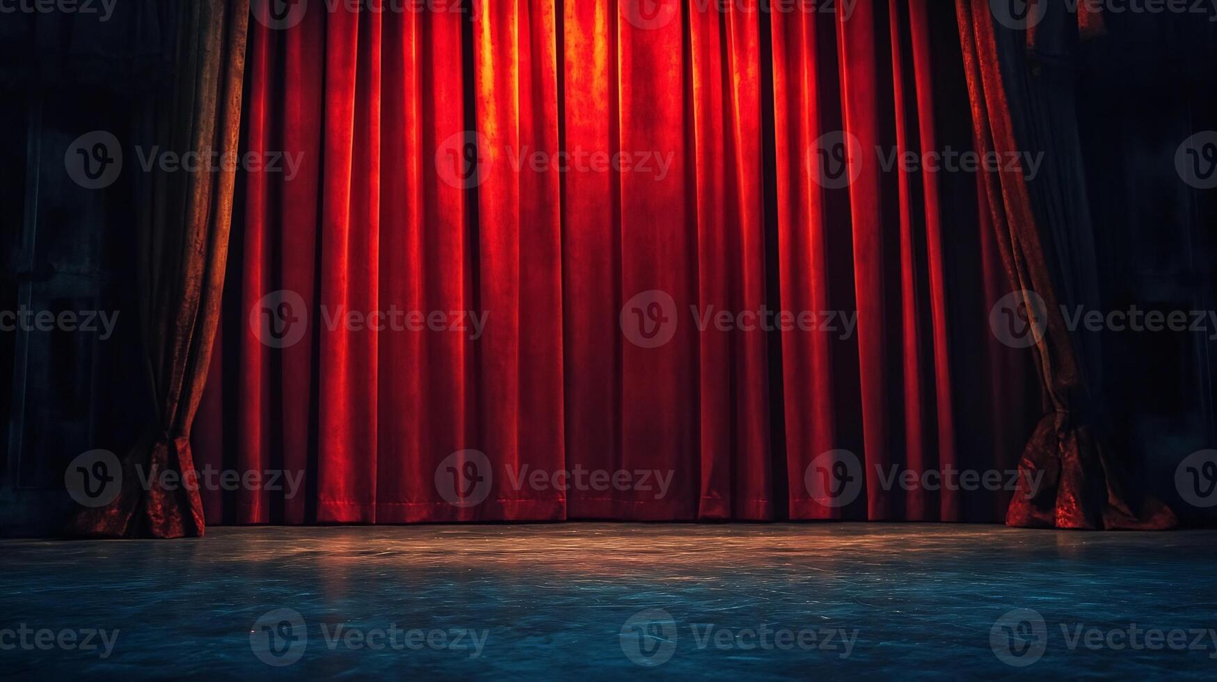 Elegant theater stage with dramatic red curtains and spotlight in a classic performance setting photo