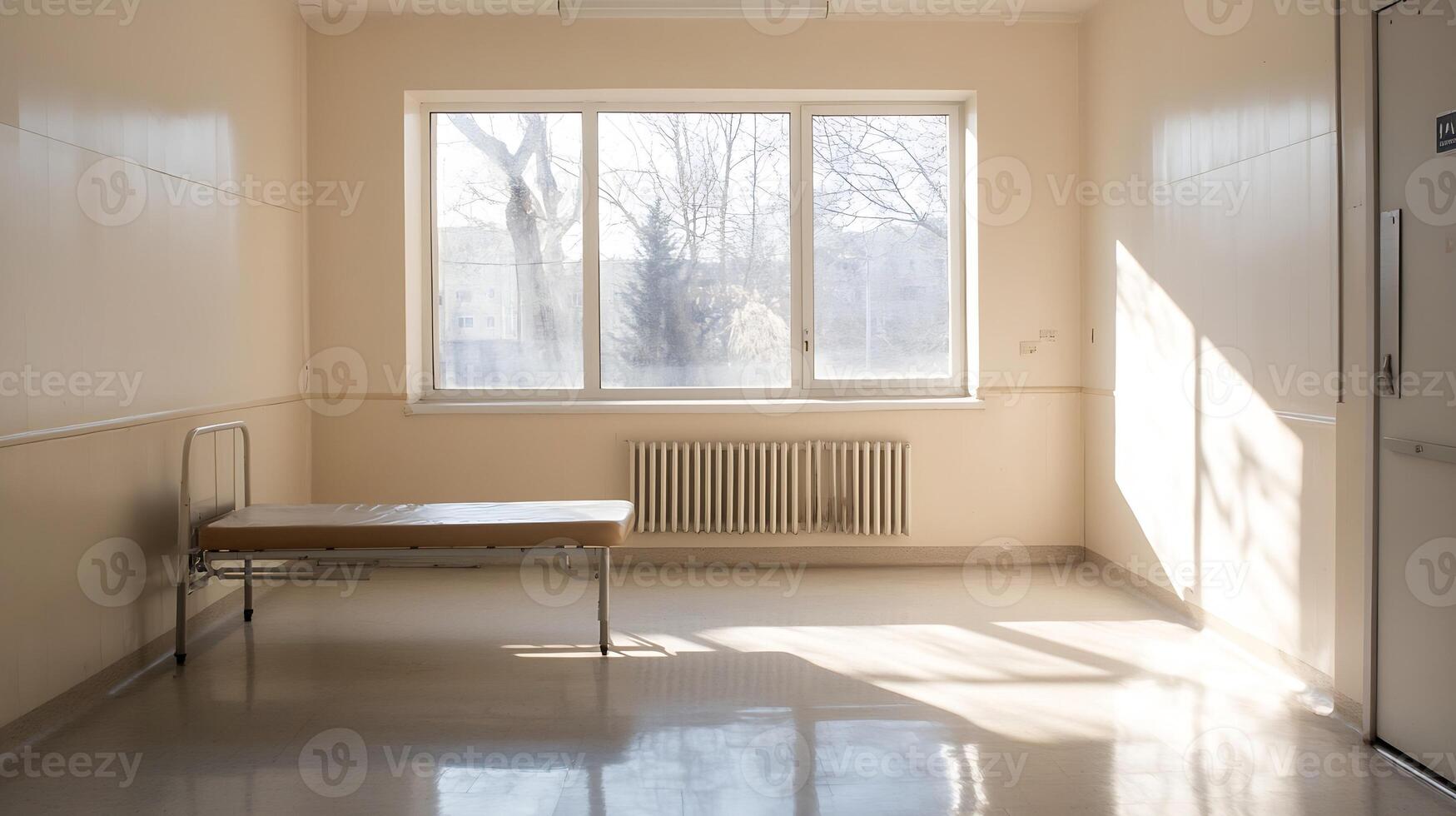 Sunlit Empty Hospital Room with Single Bed and Large Window Creating a Serene Atmosphere photo
