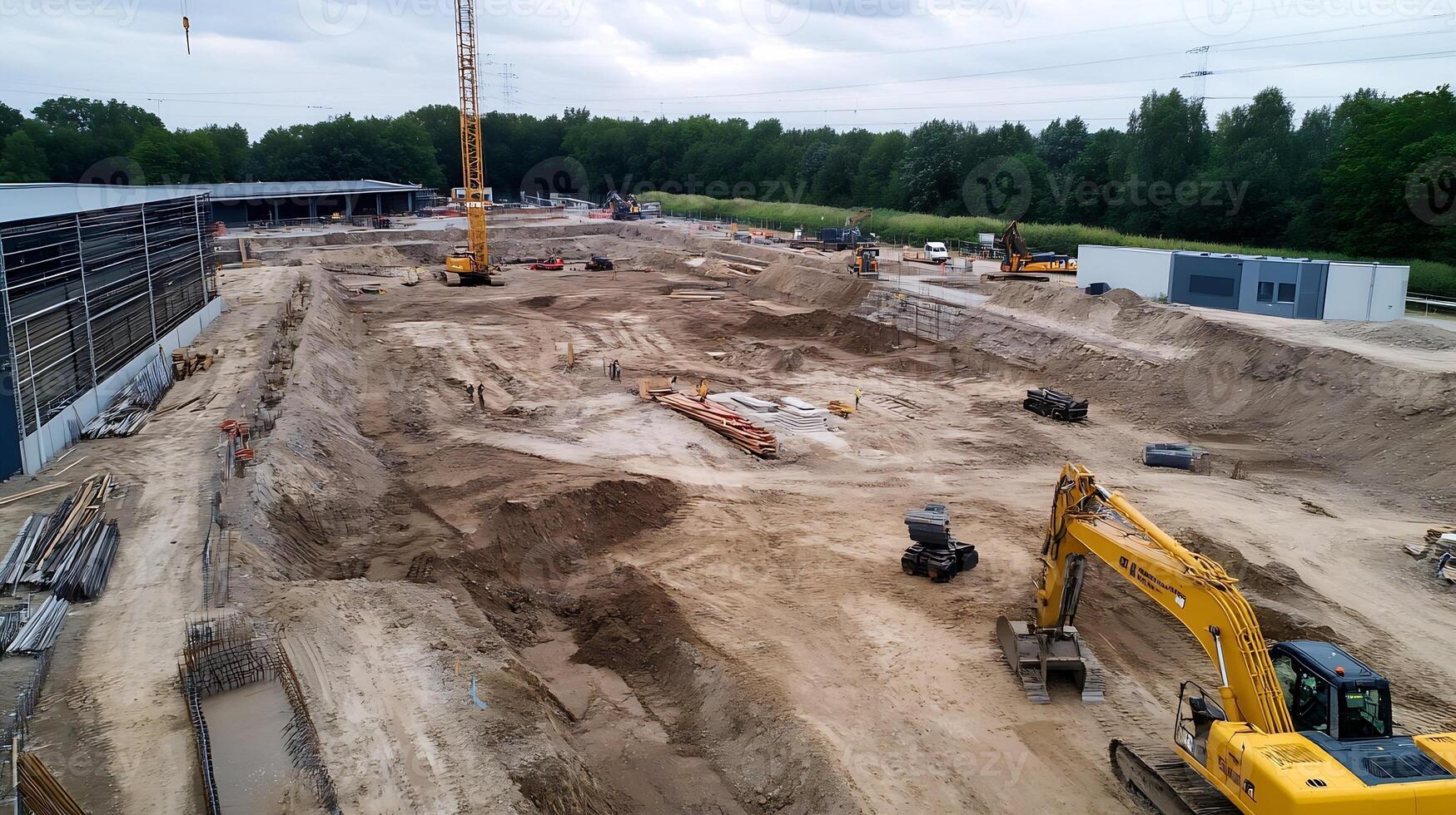 Large Scale Construction Site with Excavation and Heavy Equipment photo