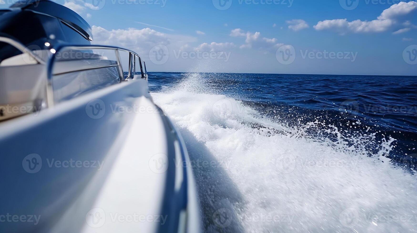 Sea Adventure on Speeding Boat with Scenic Ocean Waves and Clear Sky Background for Fun and Freedom photo