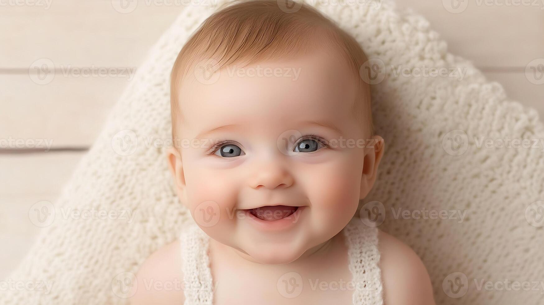 Joyful Happy Baby Smiling with Bright Eyes and Knitted Blanket Background photo