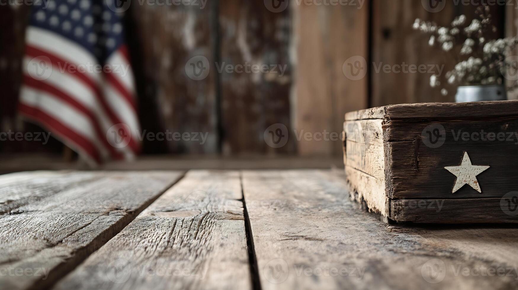 Rustic Vintage American Flag Theme with Distressed Wood and Simple Geometry on Tabletop photo