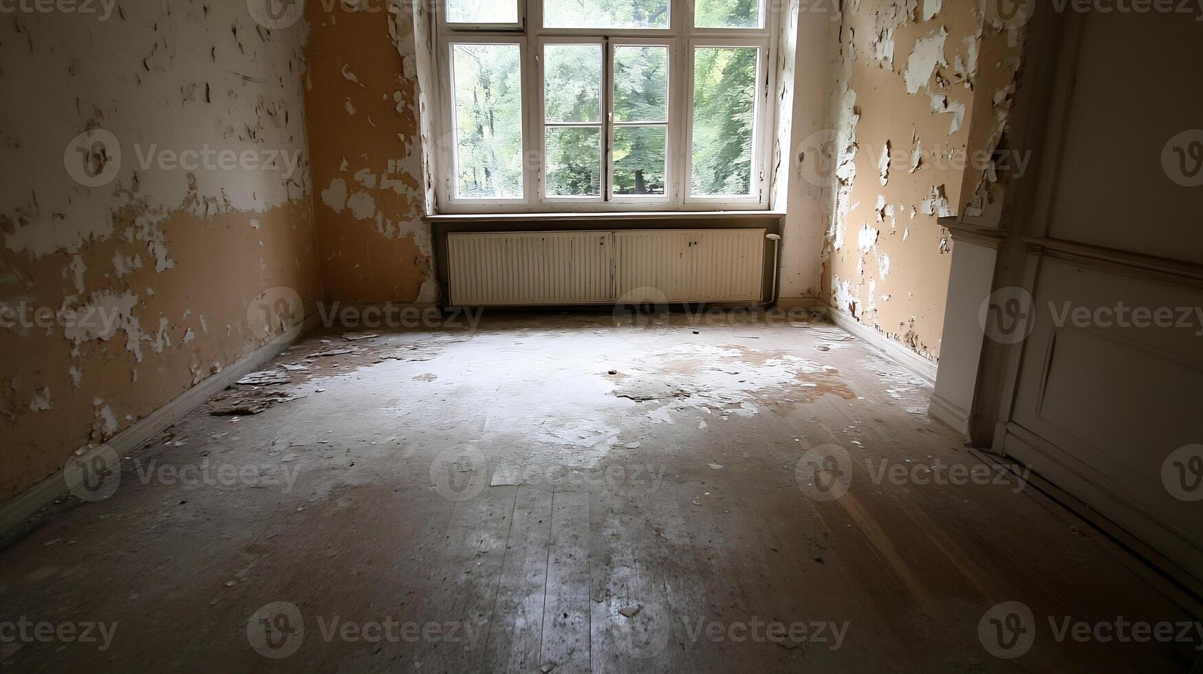 Abandoned Room with Peeling Paint and Wooden Floorboards in a Vintage Setting photo