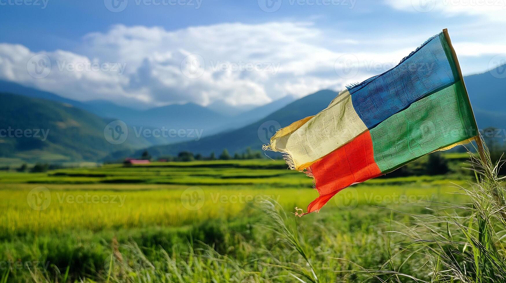 Cultural Essence Himalayan Prayer Flag Fluttering Over Green Terraced Fields photo