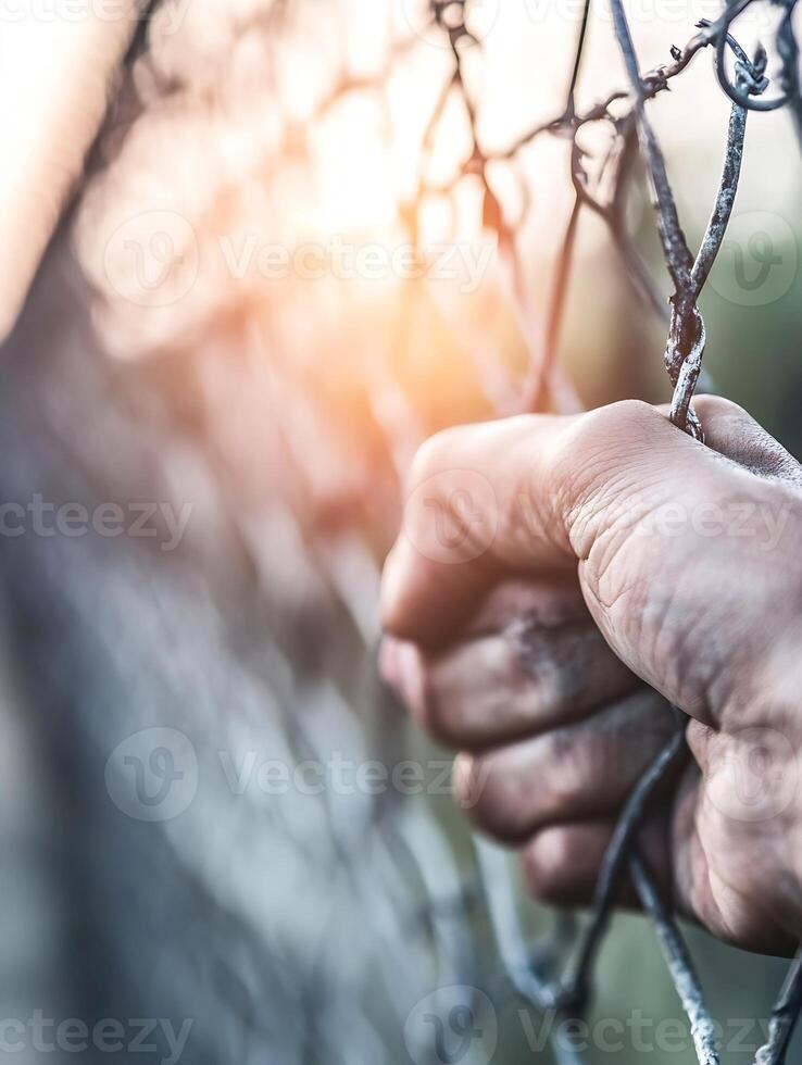 Hand Gripping Metal Fence with Sunlight in Background in Urban Setting photo