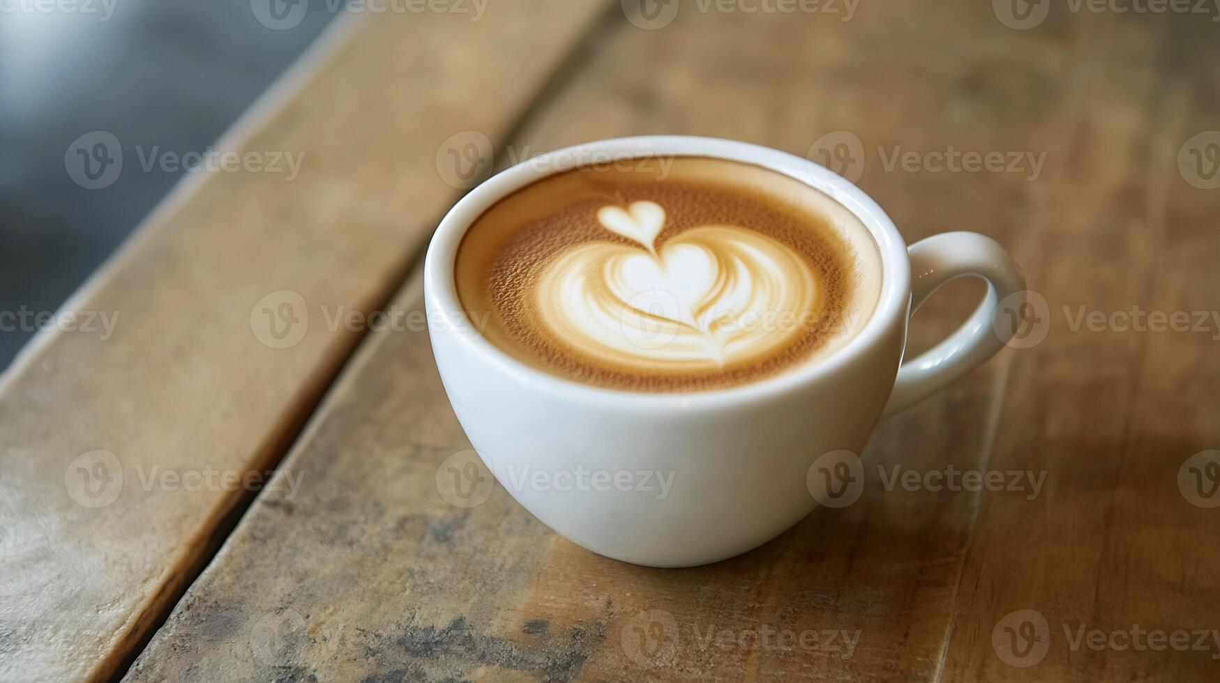 Artistic Creamy Latte with Heart-Shaped Foam in White Cup on Rustic Wooden Surface photo