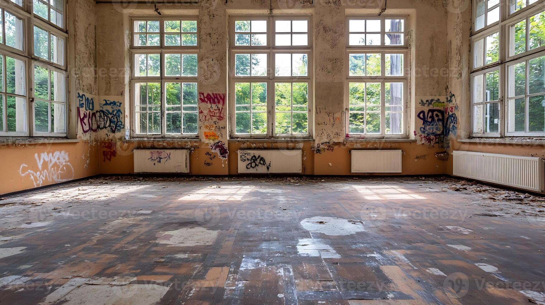 Abandoned Urban Building Room with Graffiti and Large Windows Overlooking Nature photo
