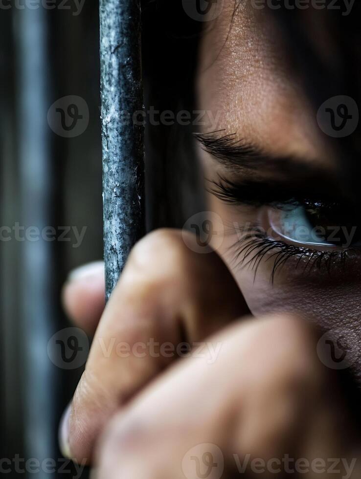 Person Peering Through Bars in Dark and Pensive Setting Capturing Intense Emotions photo