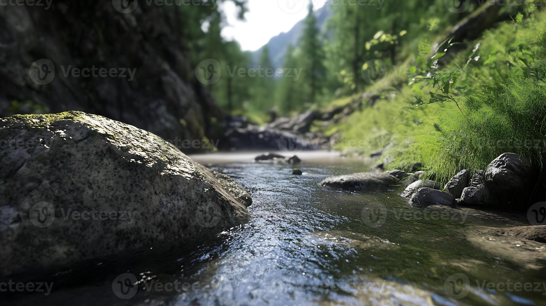 Mountain Stream Flowing Through Verdant Alpine Forest photo