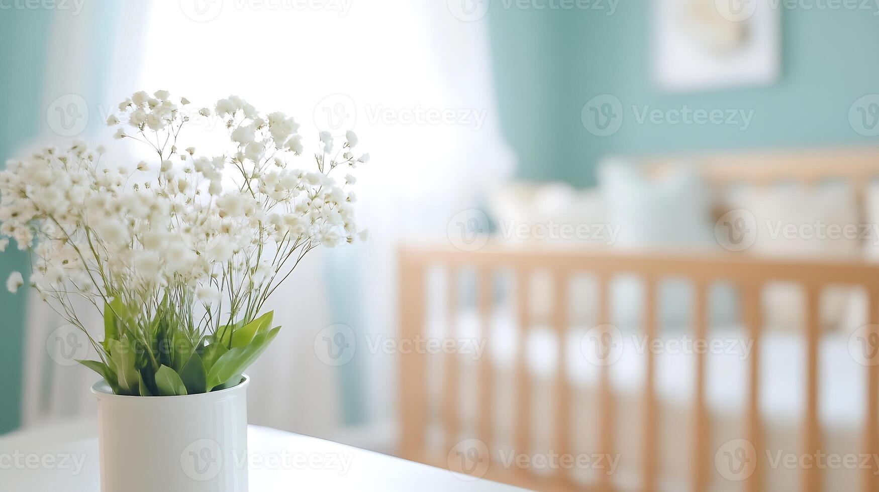 Delicate White Flowers in Vase Brightening a Nursery with Baby Crib and Light Pastel Walls photo
