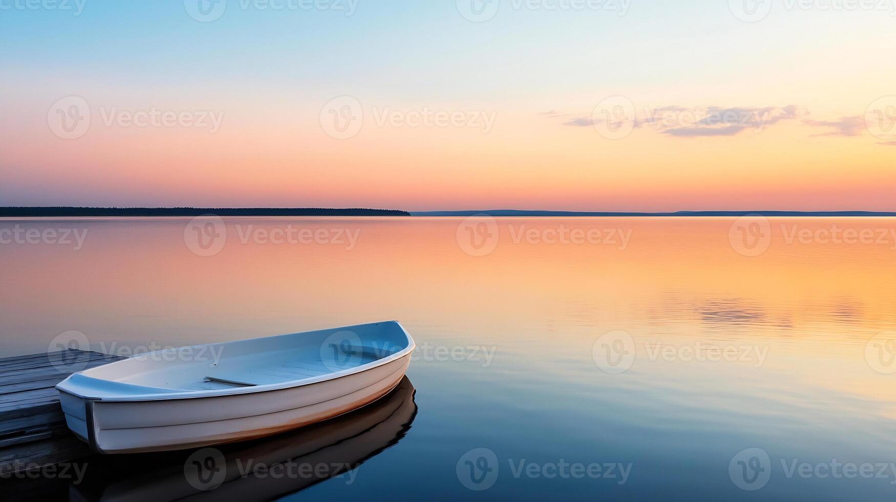 Tranquil Sunset Over Calm Lake with Docked Rowboat and Reflective Waters photo