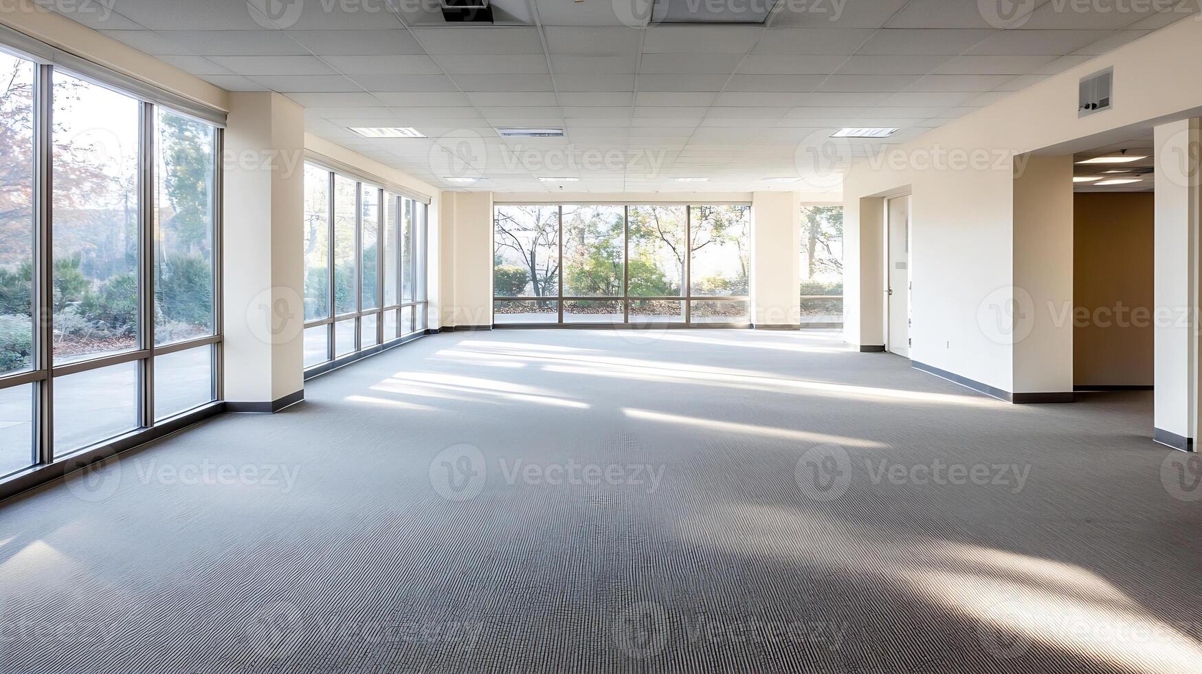 Modern empty office space with floor to ceiling windows illuminating beige carpet flooring photo
