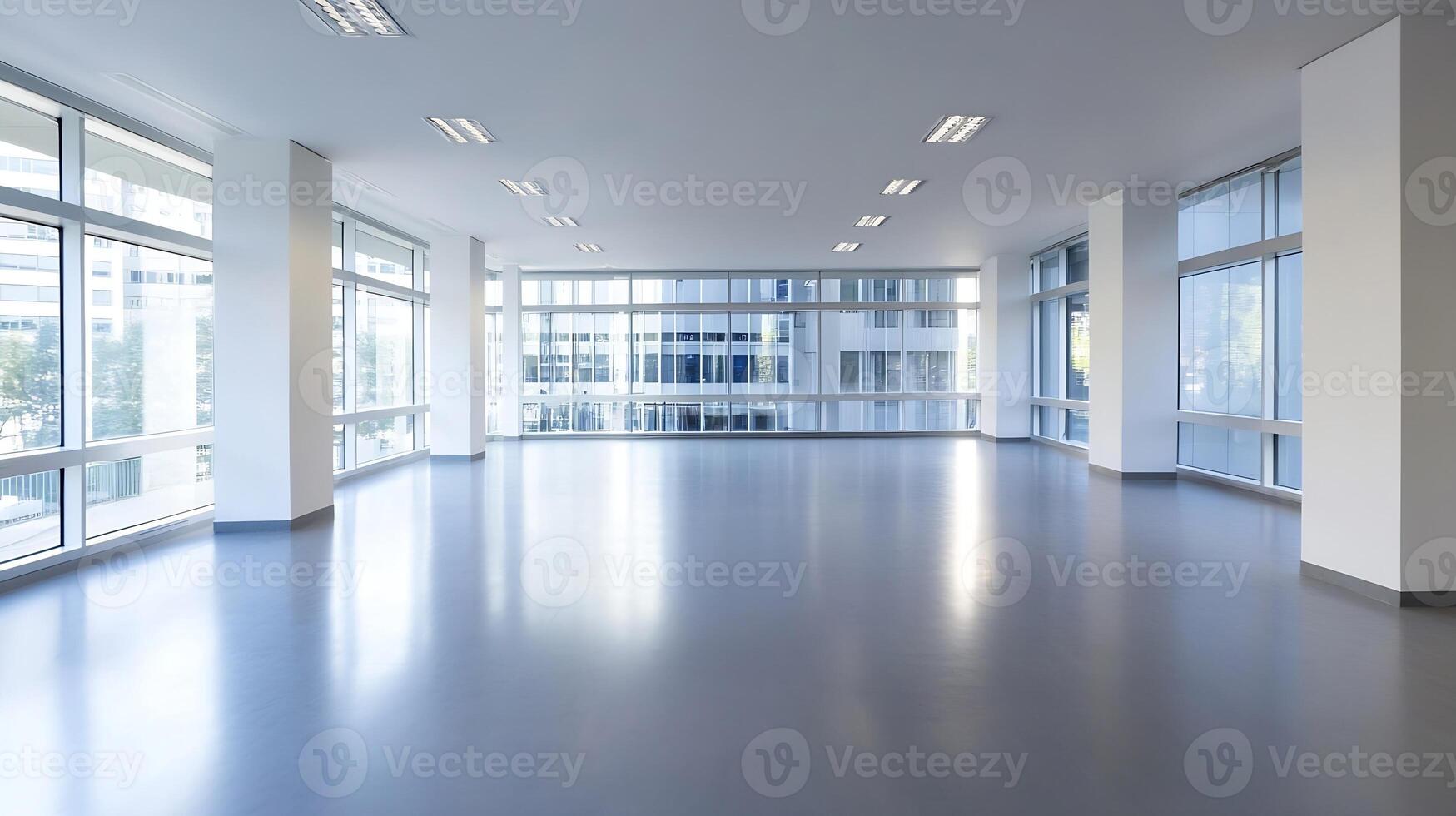 Spacious Modern Open Plan Office Space with Natural Light and Large Windows for Creative Workspace photo