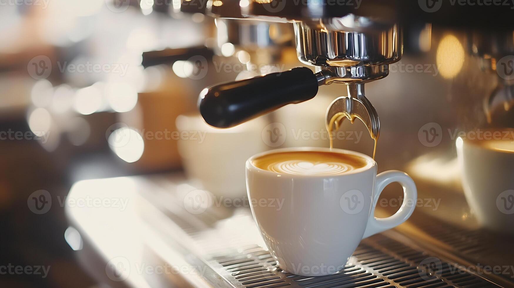 Espresso Coffee Machine Brewing Fresh Cup of Coffee in Cozy Cafe Setting photo