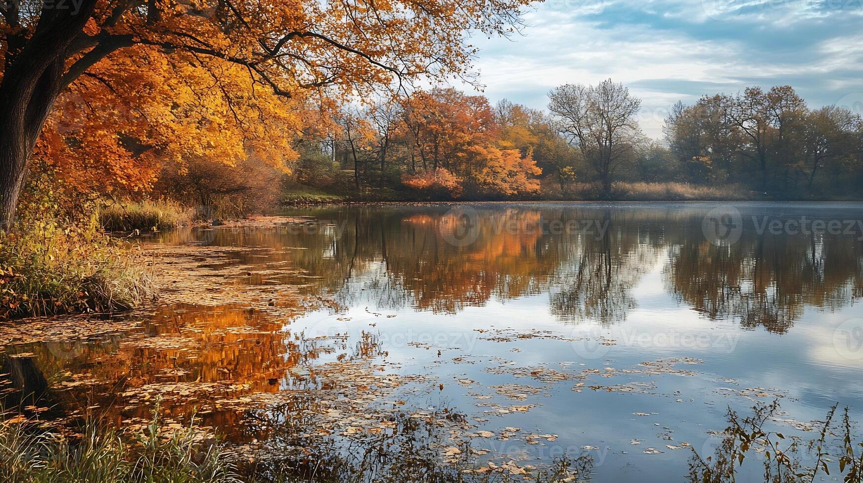 Tranquil Autumn Lakeside Scene with Reflections of Vibrant Trees Under a Cloudy Sky photo