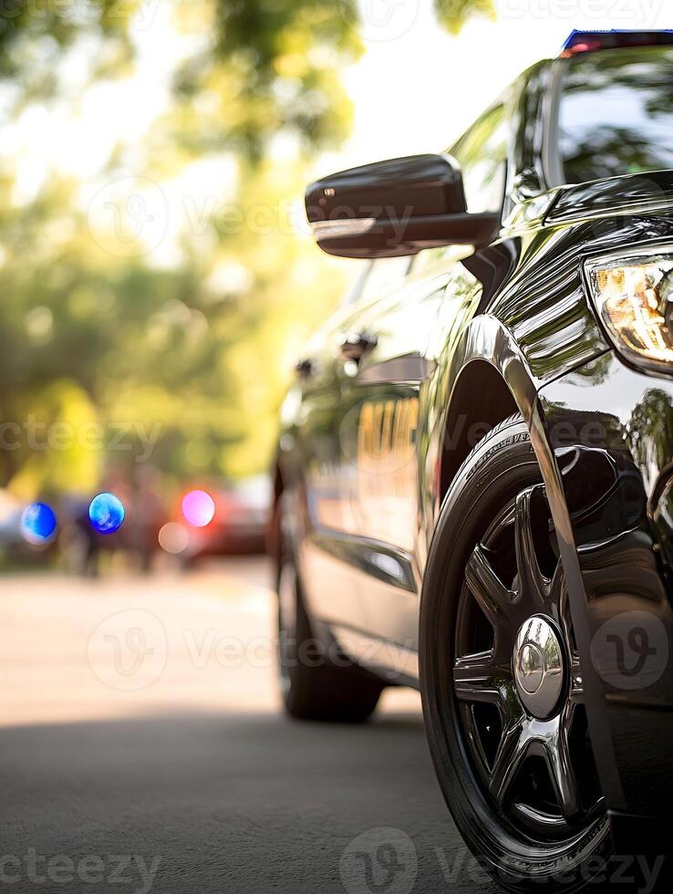 Police Car in Urban Park Setting with Flashing Lights and Trees photo