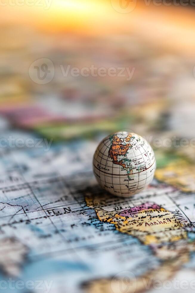 Miniature Globe on World Map Background Travel Adventure Concept photo