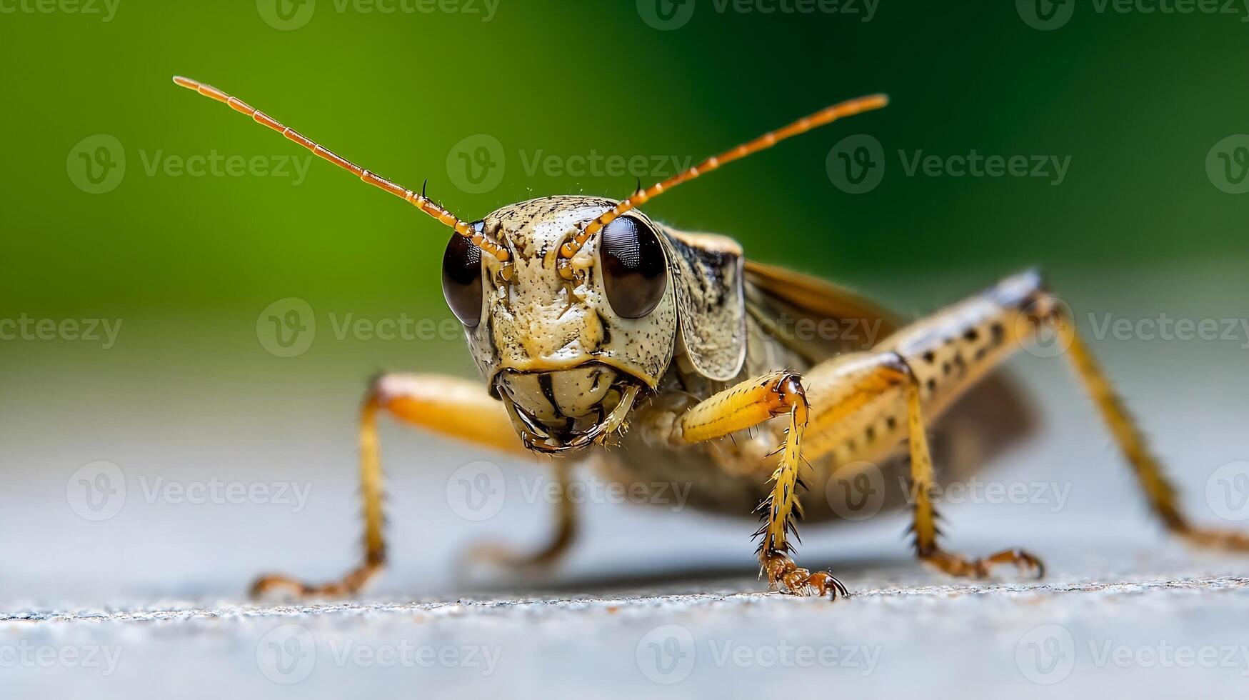 Close Up of a Grasshopper on a Natural Surface with Vivid Green Background and Intricate Details photo