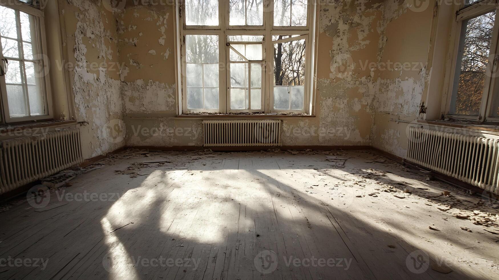 Sunlit Abandoned Room with Peeling Wallpaper and Window Shadow Creating an Eerie Atmosphere photo