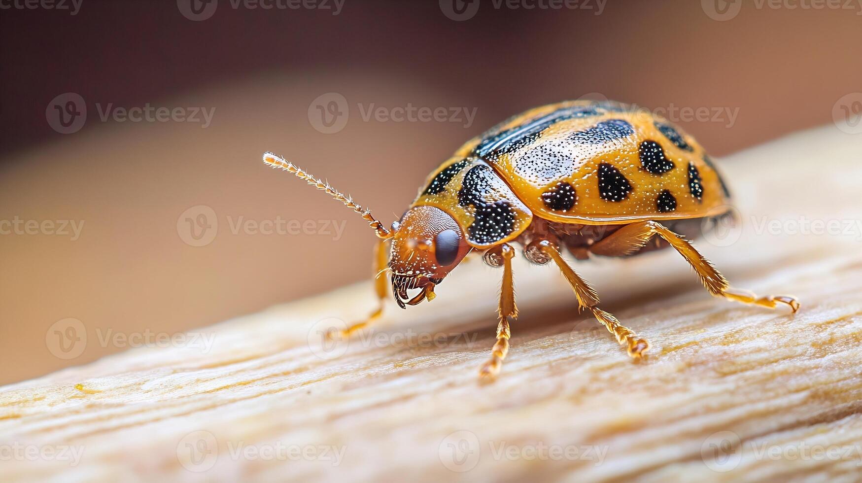 Close-up of a yellow spotted leaf beetle on wooden surface highlighting its vivid patterns and textures photo