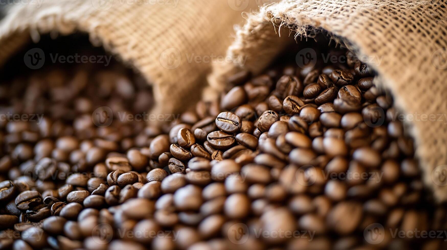 Bulk Display of Freshly Roasted Coffee Beans in Burlap Sack photo