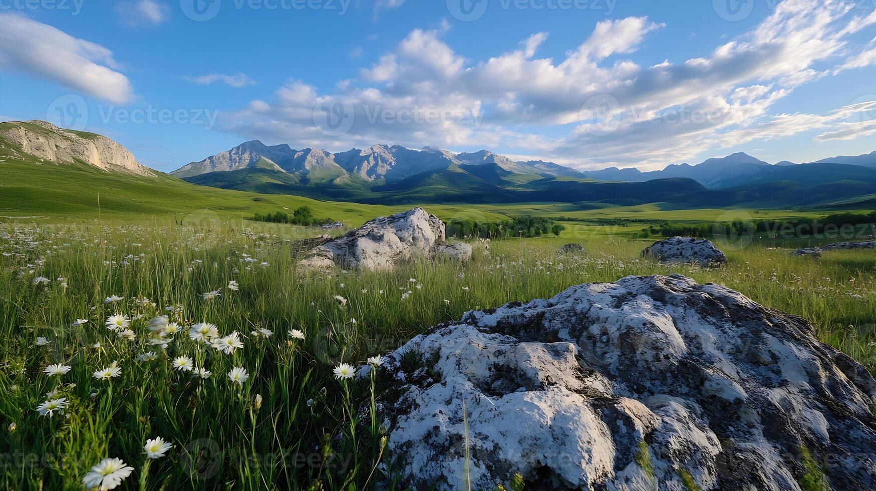 Majestic Mountain Range Overlooking Flower Field with Rocks and Blue Sky in Spring photo