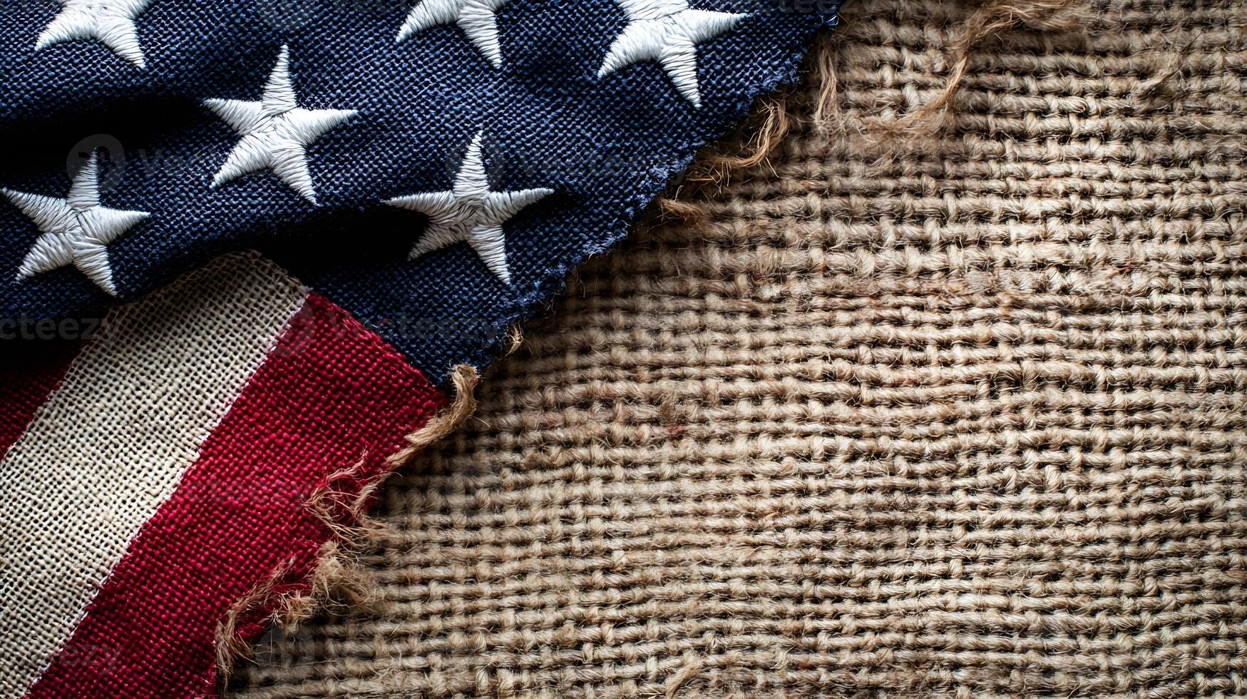 Rustic American Flag on Burlap Texture Background for Patriotic Themes and Events photo