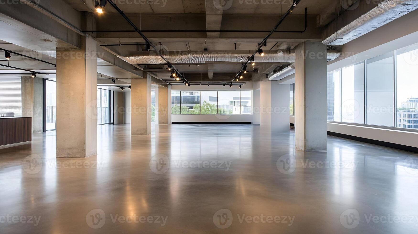 Spacious Open Office Loft with Concrete Floors and Modern Industrial Lighting photo