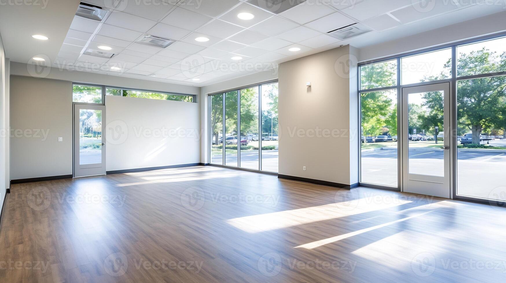 Modern Spacious Empty Room with Large Windows and Wooden Floor in a Commercial Building photo
