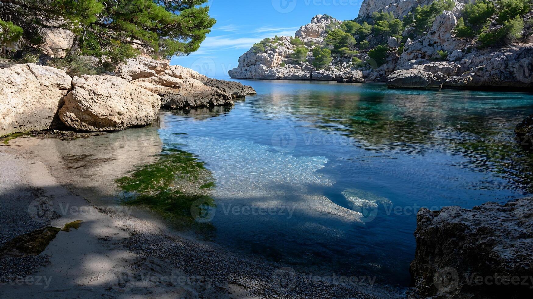 Tranquil coastal inlet with rugged rocks and clear blue waters under open sky photo