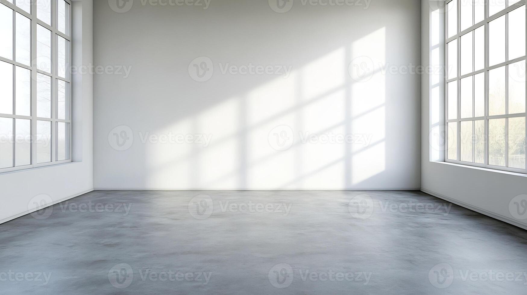 Minimalist Empty Room with Large Windows Casts Light on Seamless Gray Concrete Floor photo
