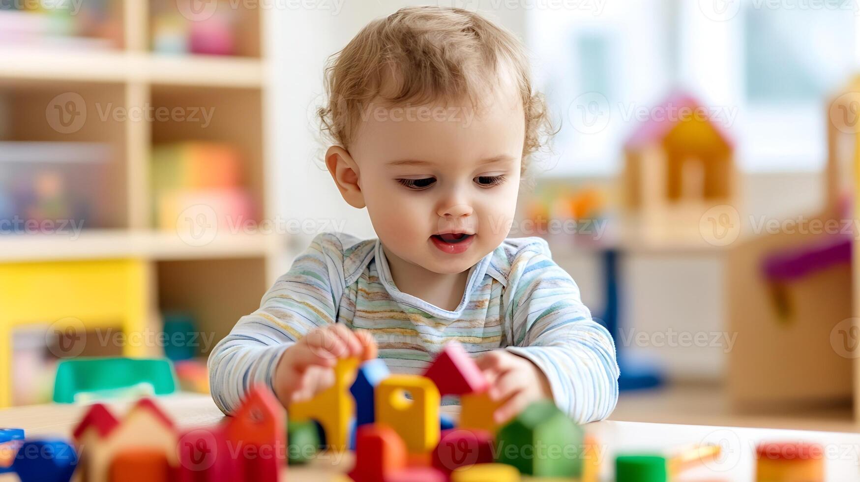 Baby playing with colorful wooden blocks in a playroom setting photo