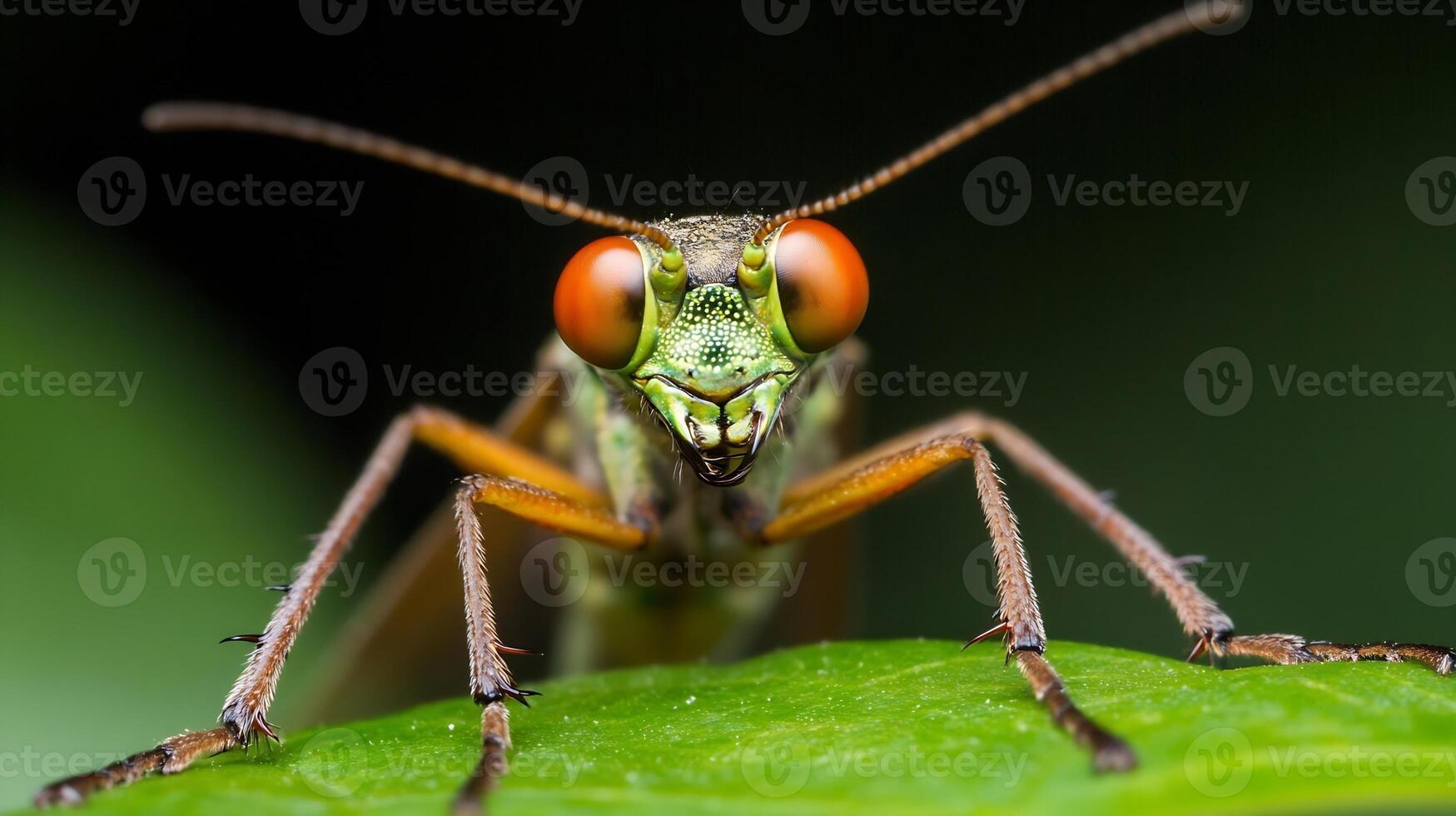 Macro Shot of Green Insect with Large Eyes on Leaf Demonstrating Intricate Natural Patterns photo