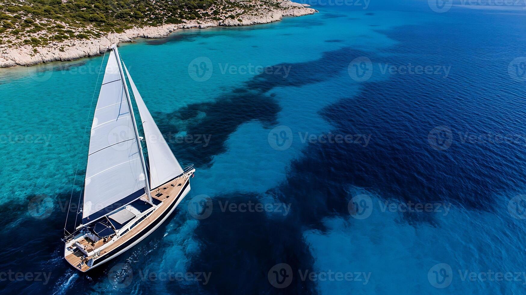 Aerial view of sailboat navigating through turquoise coastal waters near a lush green island photo