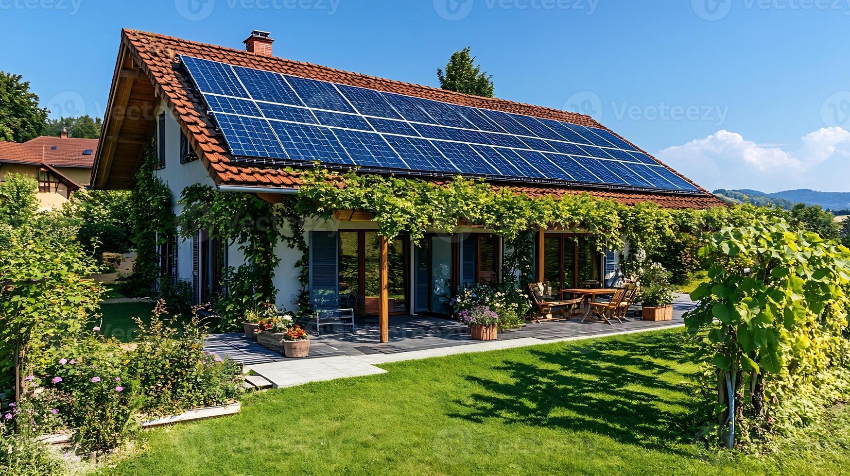 Charming Eco-friendly House with Solar Panels and Lush Greenery in a Tranquil Setting photo