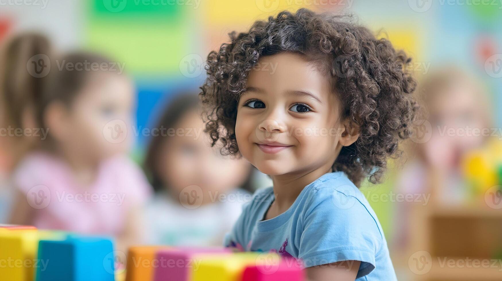 Smiling Child in Colorful Classroom Engaging with Educational Toys photo