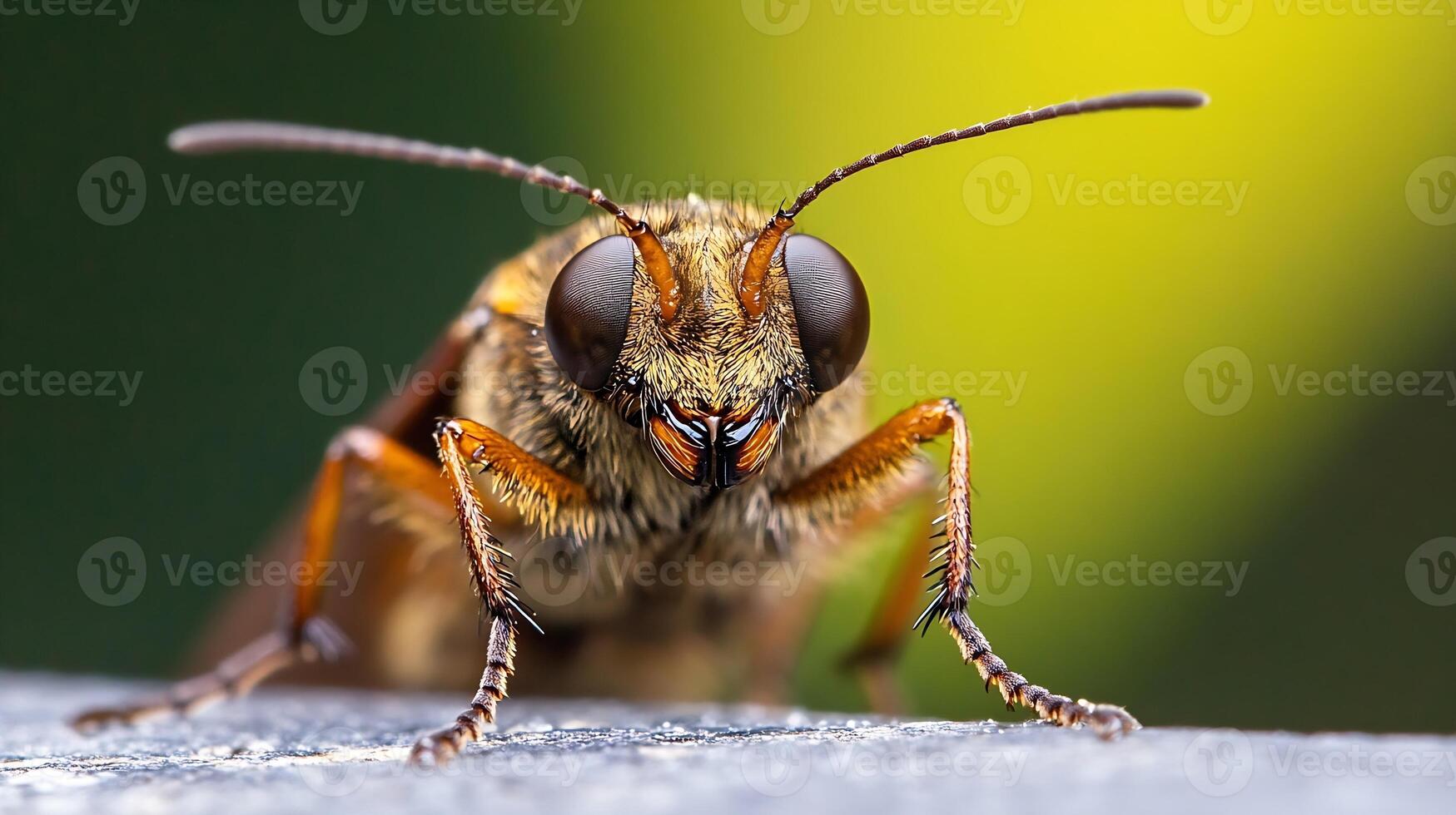 Detailed macro photograph of an insect revealing stunning eye features and sharp antennae photo