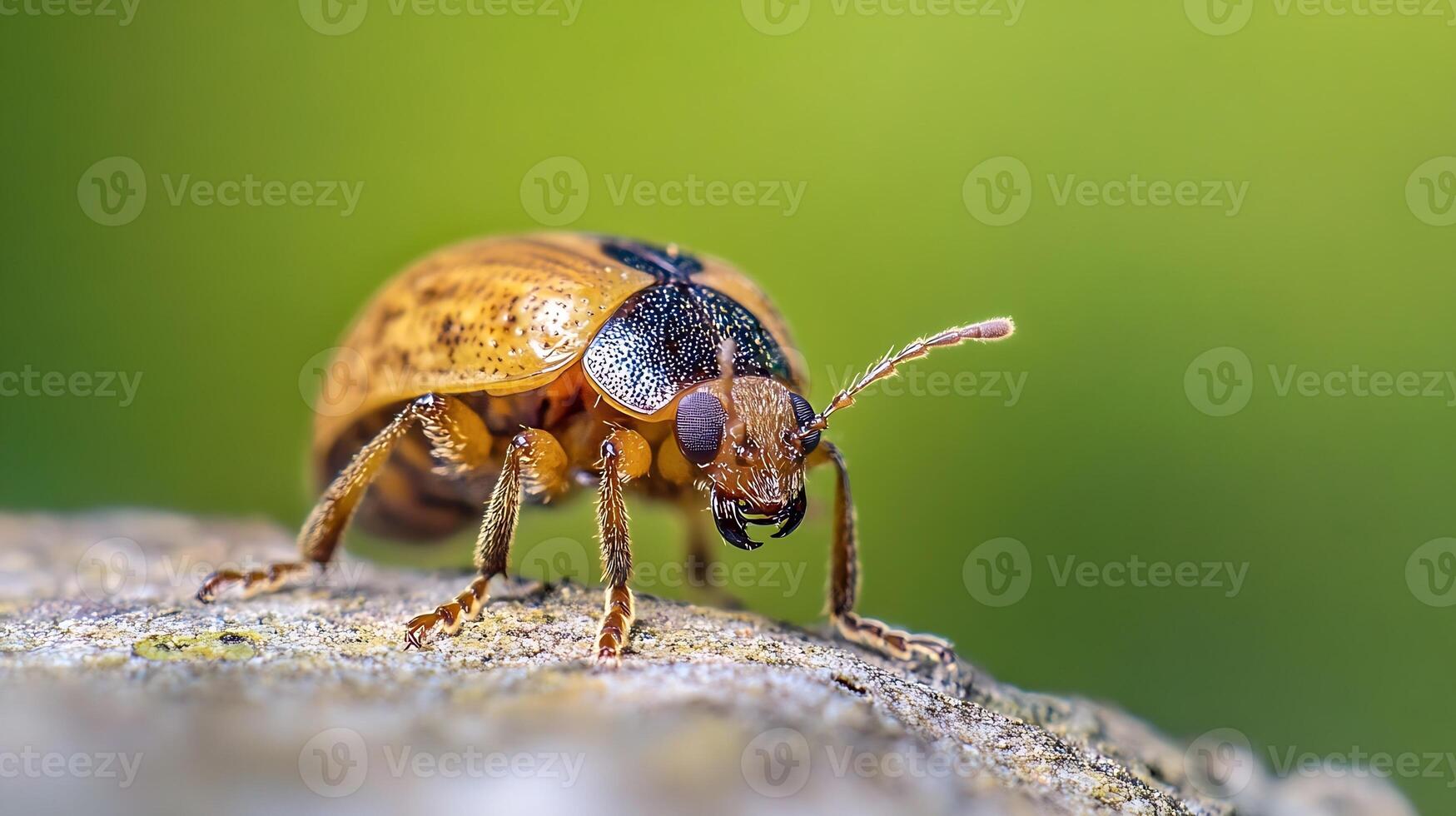 Vibrant Yellow Beetle on Textured Surface in Closeup with Green Background photo