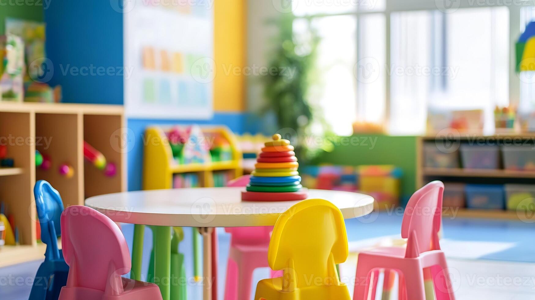 Colorful and Playful Educational Nursery School Classroom with Rainbow Chair and Toys photo