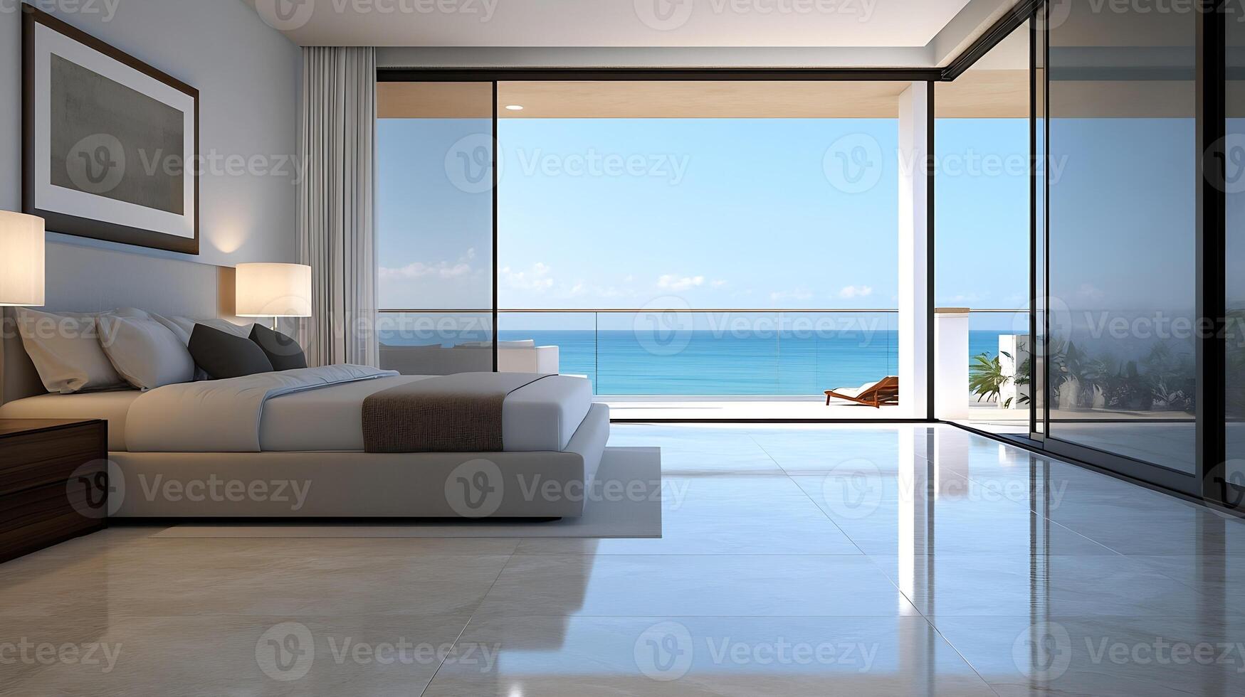 Modern ocean view bedroom with open balcony and luxurious furnishings photo