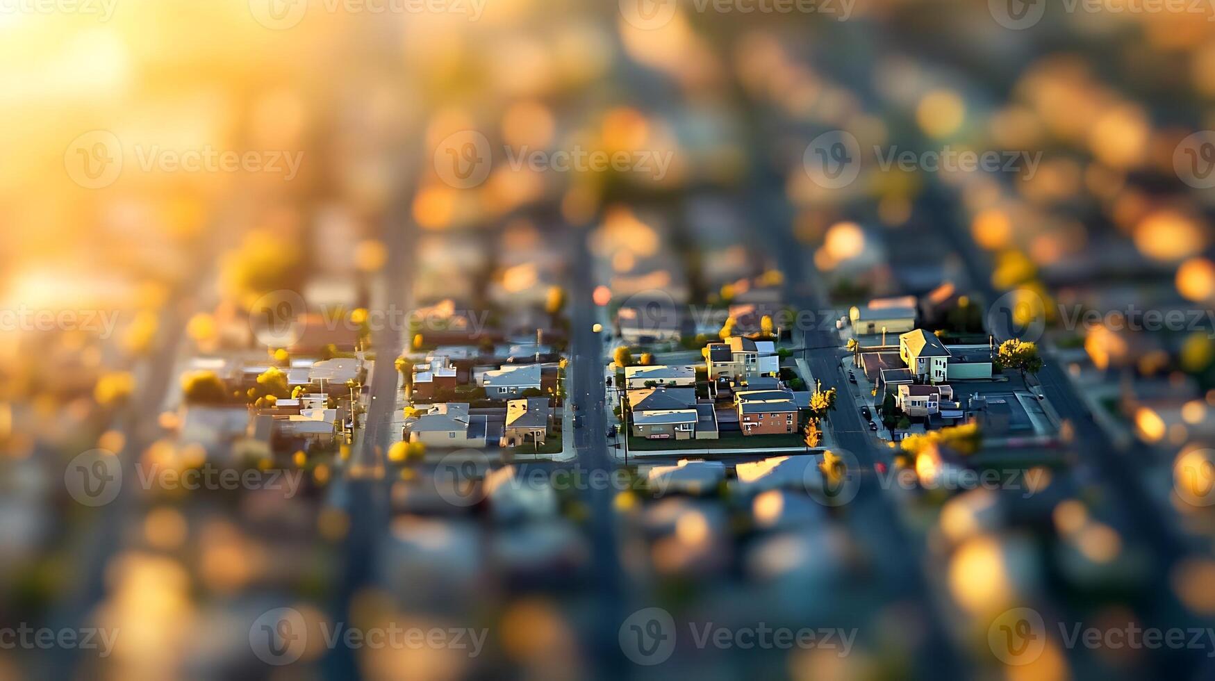 Miniature Suburban Neighborhood at Sunset with Houses and Streets in a Bokeh Effect photo