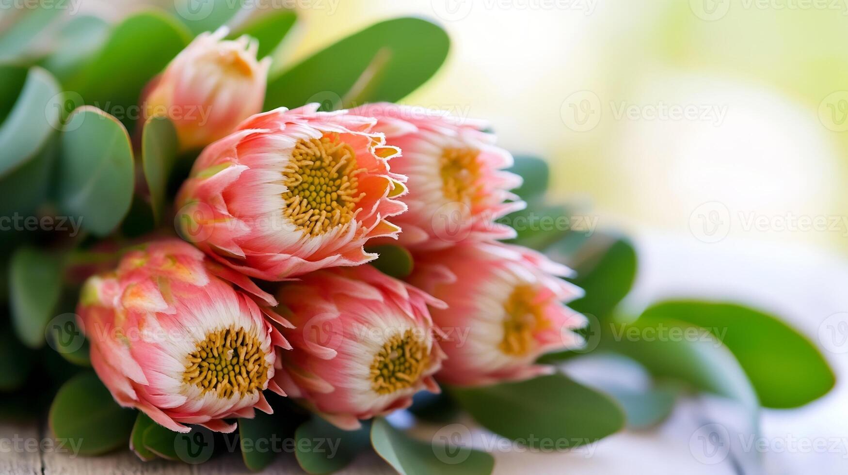 Beautiful Protea Flowers Bouquet Close-Up with Vibrant Pink Petals and Green Foliage photo