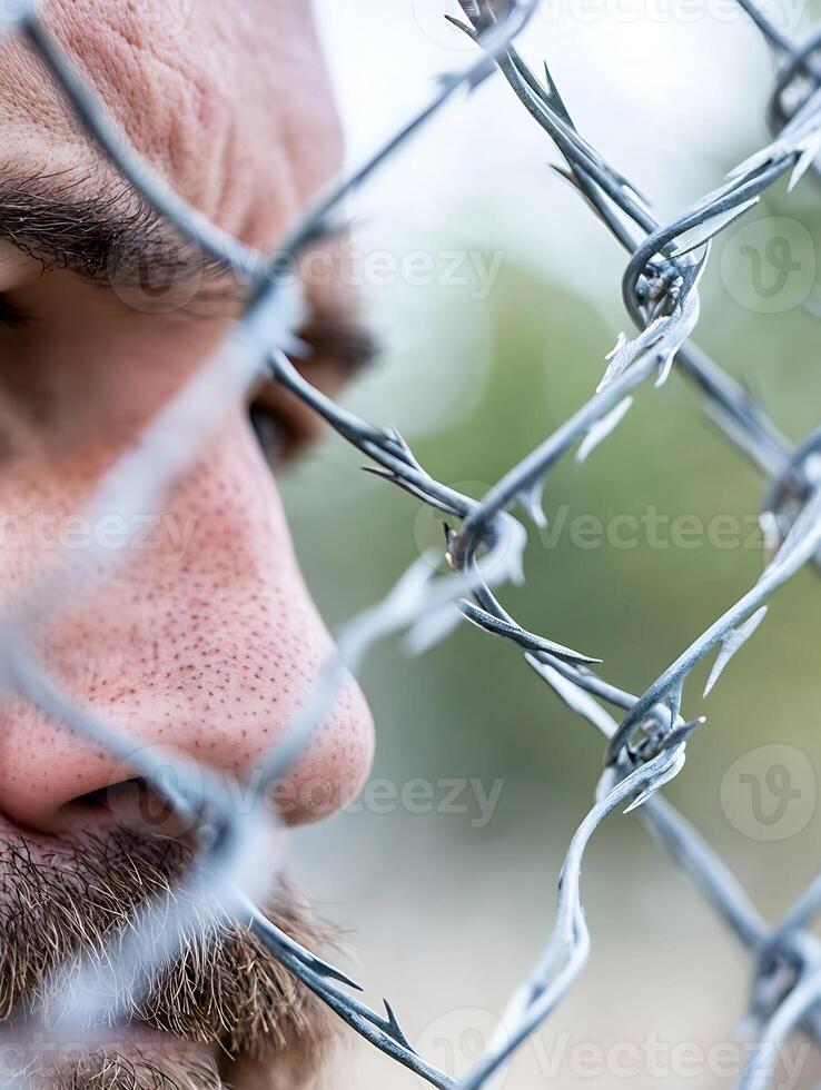 Closeup Portrait of Serious Man Behind Barbed Wire Fence Symbolizing Boundaries and Confinement photo