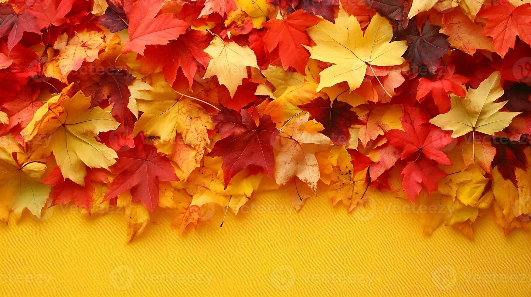 Vibrant Autumn Leaves on Yellow Background Creating Seasonal Contrast and Warmth photo