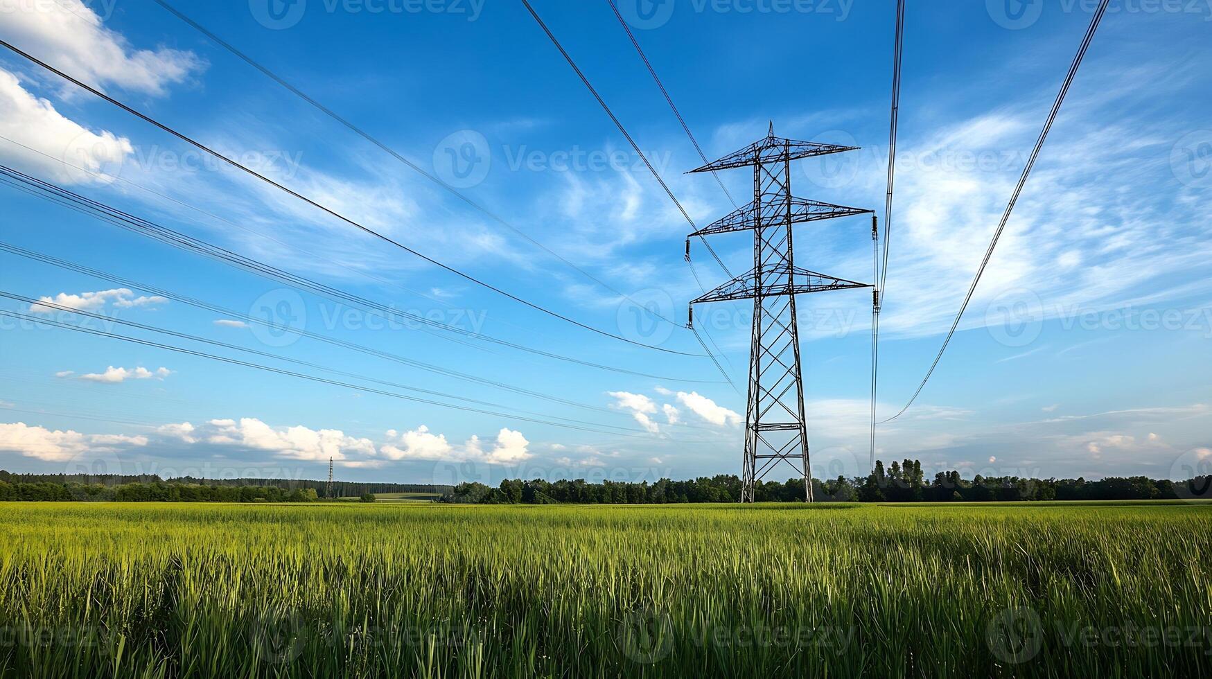 Power Lines Towering Over Green Field Against a Blue Sky Backdrop photo