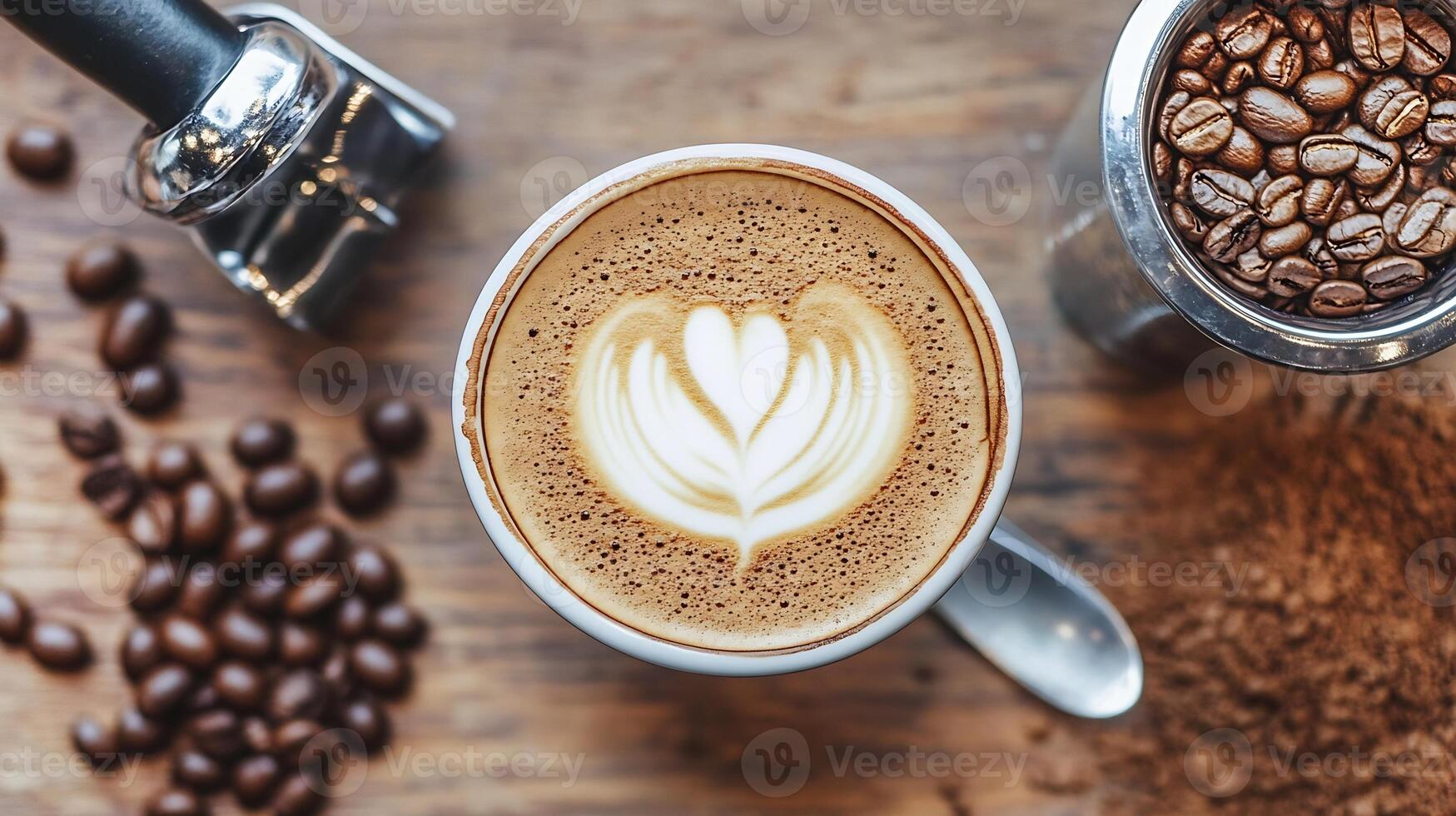 Artistic Latte Art Heart Foam in Ceramic Cup with Coffee Beans and Grinder on Table photo