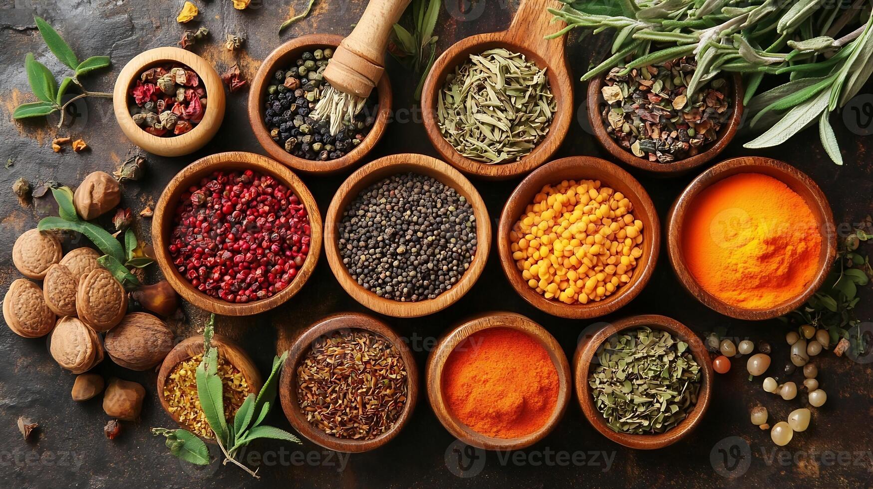 Assortment of Colorful Spices and Herbs in Wooden Bowls on Rustic Table Surface photo